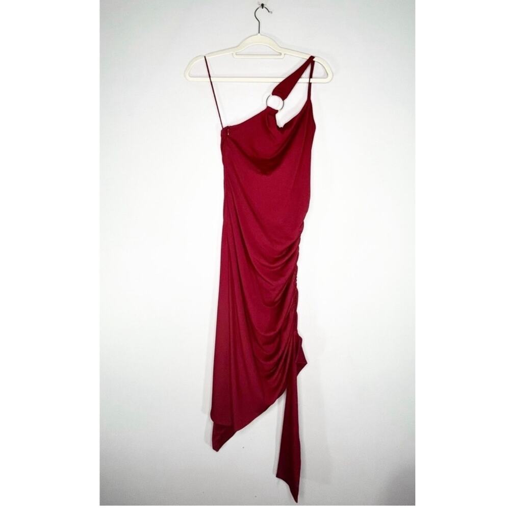 Nicholas Burgundy One-Shoulder Draped Asymmetrical Ring Embellished Midi Dress M